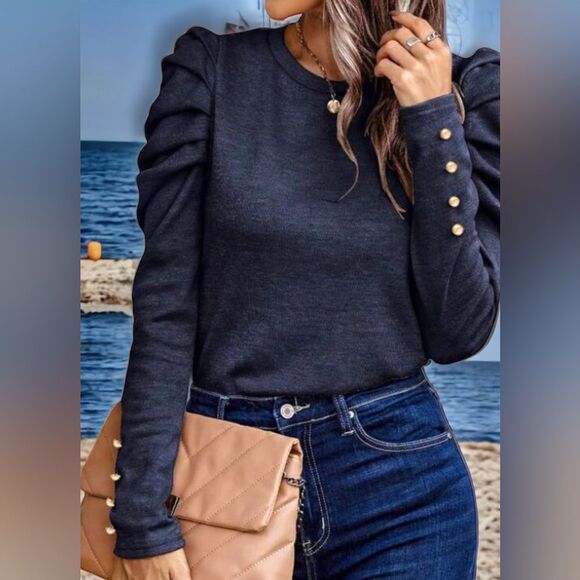 SHEIN NEW PULL OVER GIGOT SLEEVE BUTTON DETAIL T SHIRT BLOUSE NAVY BLUE LARGE - Picture 1 of 4